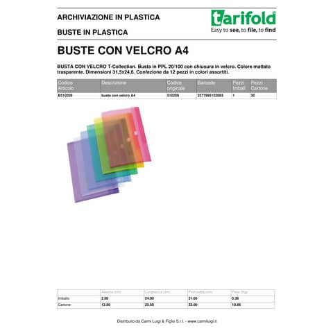 Buste con bottone Tarifold® T-Collection chiusura in velcro - A4 conf. 12 buste - 510209